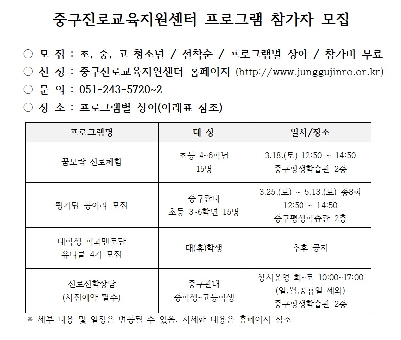 (중구진로교육지원센터) 프로그램 참가자 모집 1