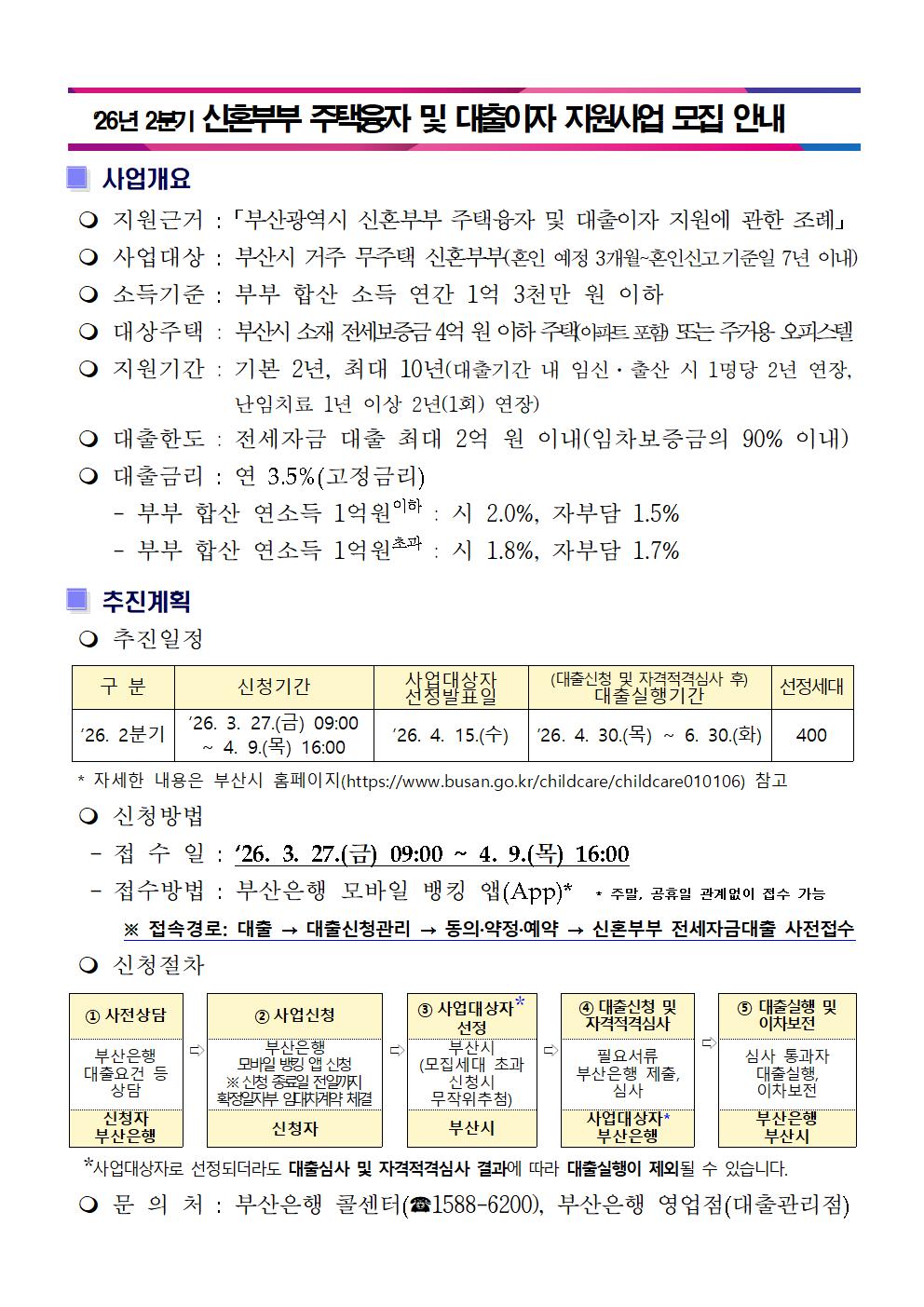 2026년 2분기 신혼부부 주택융자 및 대출이자 지원사업 안내 1
