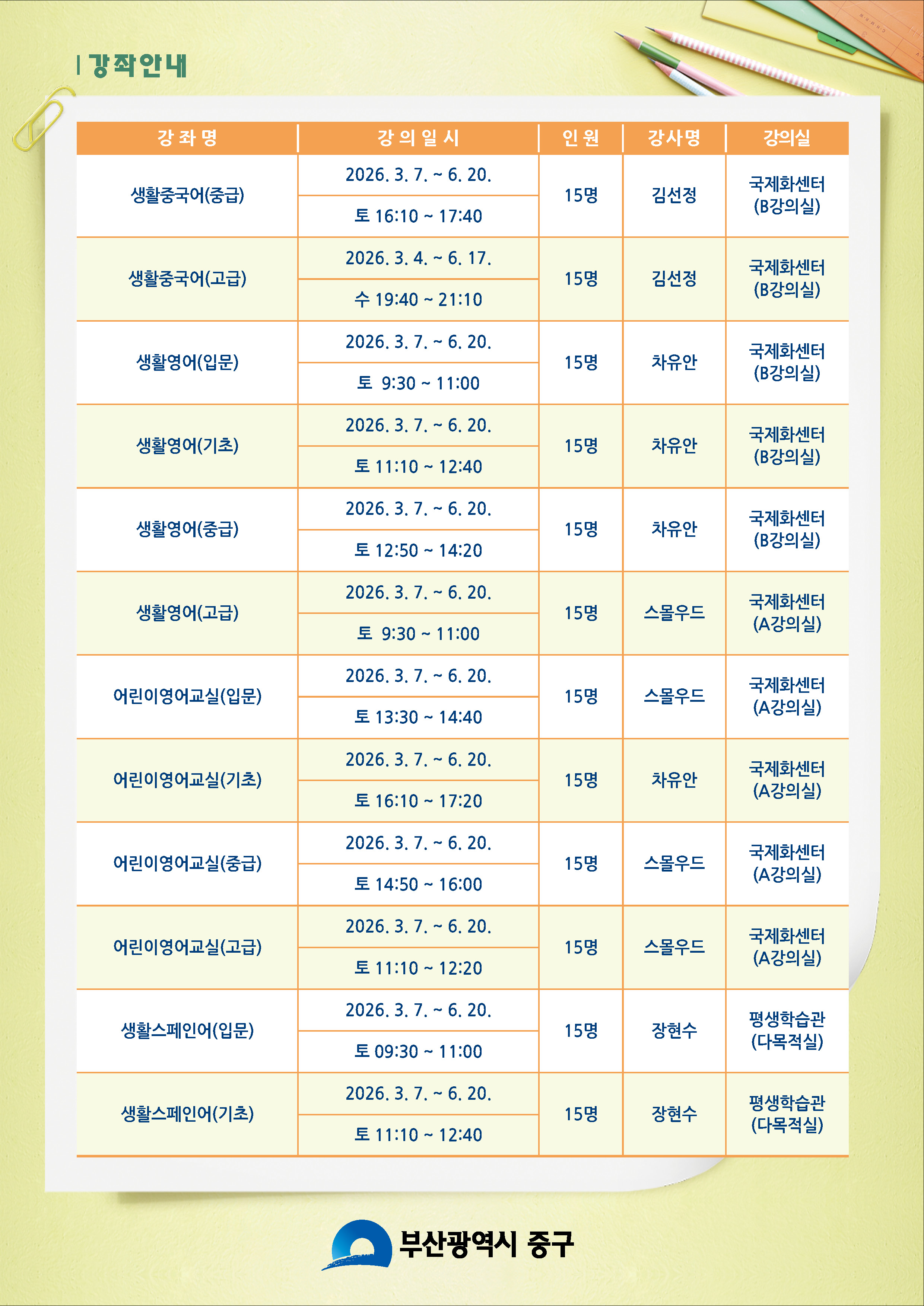2026년 상반기 중구 글로벌어학당 수강생 모집 2