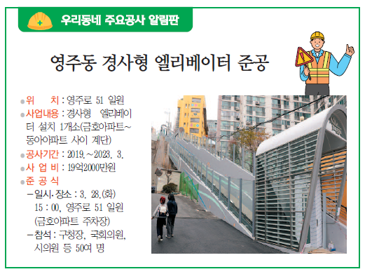 우리동네 주요공사 알림판 - 영주동 경사형 엘리베이터 준공