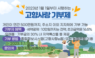 2023년 1월 1일부터 시행하는
고향사랑 기부제
- 개인이 연간 500만원까지, 주소지 이외 지자체에 기부 가능
○ 기부자 혜택
- 세액공제 : 10만원까지는 전액, 초과금액은 16.5%
- 답례품 : 기부금의 30% 내 지역특산품 등 제공
○ 기부 방법 : 종합정보시스템(고향사랑e음) 또는 농협은행 이용
    ▷ 2023. 1 .1. 오픈
문의처 : 행정지원과(☎600-4115)