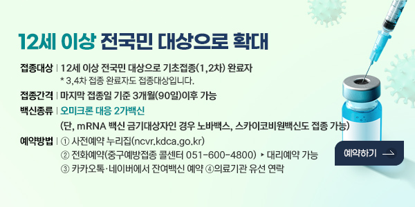 12세 이상 전국민 대상으로 확대2
○ 접종대상: 12세 이상 전국민 대상으로 기초접종(1,2차) 완료자
* 3,4차 접종 완료자도 접종대상입니다.
○ 접종간격: 마지막 접종일 기준 3개월(90일)이후 가능
○ 백신종류: 오미크론 대응 2가백신
(단, mRNA 백신 금기대상자인 경우 노바백스, 스카이코비원백신도 접종 가능)

○ 예약방법: ①사전예약 누리집(ncvr.kdca.go.kr)

②전화예약(중구예방접종 콜센터 051-600-4800) ▶대리예약 가능

③카카오톡·네이버에서 잔여백신 예약 ④의료기관 유선 연락
예약하기