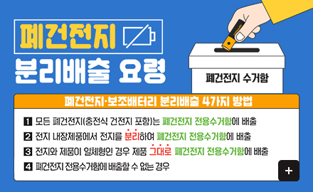 폐건전지 분리배출 요령
폐건전지 수거함
폐건전지 보조배터리 분리배출 4가지 방법
1 모든 폐건전지(충전식 건전지 포함)는 폐건전지 전용수거함에 배출
2 전지 내장제품에서 전지를 분리하며 폐건전지 전용수거함에 배출
3 전지와 제품이 일체형인 경우 제품 그대로 폐건전지 전용수거함에 배출
4 폐건전지 전용수거함에 배출할 수 없는 경우
더보기+