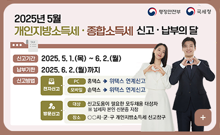 행정안전부 국세청
2025년 5월 개인지방소득세 종합소득세 신고 납부틔 달
신고기간 2025.5.1.목~6.2.월
납부기간 2025.6.2.월까지
신고방법
전자방법
pc홈택스>위택스 연계신고
모바일 손택스>위택스 연계신고
방문신고
대상 신고도움이 필요한 모두채움 대상자
*납세자 본인 신분증 지침
장소 시군구 개인지방소득세 신고창구
더보기+