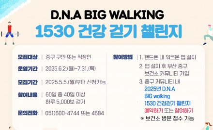 D.N.A BIG WALKING
1530 건강 걷기 챌린지
*모집대상: 중구 구민 또는 직장인
*운영기간: 2025.6.2.(월) ~7.31.(목)
*모집기간: 2025.5.5 (월) 부터 신청가능
*참여내용: 60일 중 40일 이상 하루 5,000보 걷기
*문의전화: 051)600-4744 또는 4684
*참여방법
1. 핸드폰 내 워크온 앱 설치
2. 앱 설치 후 부산중구 보건소 커뮤니티 가입
3. 중구 커뮤니티 내 2025 DNA BIG walking 1530 건강걷기 챌린지 예약하기 또는 참여하기
※ 보건소 방문 접수 가능