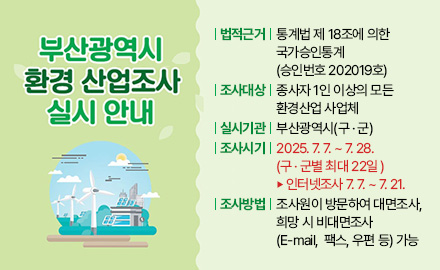부산광역시 환경 산업조사 실시 안내
법적근거 : 통계법 제 18조에 의한 국가승인통계(승인번호 202019호)
조사대상 : 종사자 1인 이상의 모든 환경산업 사업체
실시기관 : 부산광역시(구 · 군)
조사시기 : 2025. 7. 7. ~ 7. 28.(구 · 군별 최대 22일 ) ▶ 인터넷조사 7. 7. ~ 7. 21.
조사방법 : 조사원이 방문하여 대면조사, 희망 시 비대면조사(E-mail,  팩스, 우편 등) 가능