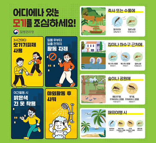 이디에나 있는 모기를  조심하세요!
질병관리청
-3시간마다 모기기피제 사용
-일몰 후부터 일출 전까지 활동 자제
-야간활동시 밝은색 긴옷 착용
-야회활동 후 샤워
*축사 또는 수플에
*집이나 하수구 근처에
*숲이나 공원에
*해외여행시