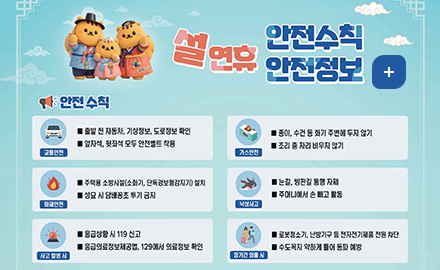 설연휴 안전수칙 안전정보
안전수칙
[교통안전]
- 출발 전 자동차, 기상정보, 도로정보 확인
- 앞자석, 뒷좌석 모두 안전벨트 착용
[가스안전]
- 종이, 수건 등 화기 주변에 두지 않기
- 조리 중 자리 비우지 않기
[화재안전]
- 주택용 소방시설(소화기, 단독경보형감지기) 설치
- 성묘 시 담해꽁초 투기 금지
[낙상사고]
- 눈길, 빙판길 통행 자제
- 주머니에서 손 빼고 활동
[사고 발생 시]
- 응급상황 시 119 선고
- 응급의료정보제공법, 129에서 의료정보 확인
[장기간 외출 시]
- 로봇청소기, 난방기구 등 전자전기제품 전원 차단
- 수도꼭지 약하게 틀어 동파 예방
더보기