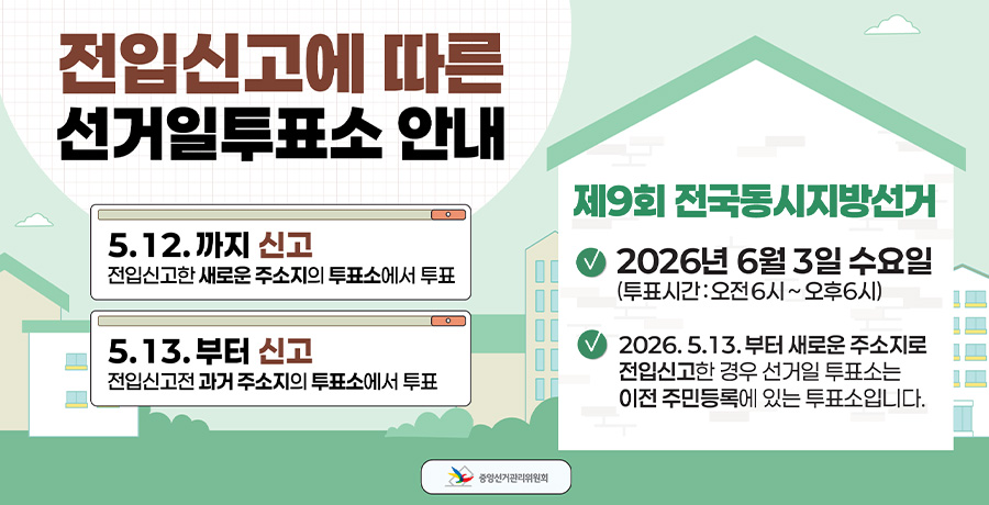 전입신고에 따른 선거일투표소 안내

5.12. 까지 신고
전입신고한 새로운 주소지의 투표소에서 투표

5.13. 부터 신고
전입신고 전 과거 주소지의 투표소에서 투표

제9회 전국동시지방선거

2026년 6월 3일 수요일
투표시간 : 오전6시 ~ 오후6시

2026.5.13. 부터 새로운 주소지로 전입신고한 경우 선거일 투표소는 이전 주민등록에 있는 투표소입니다.
